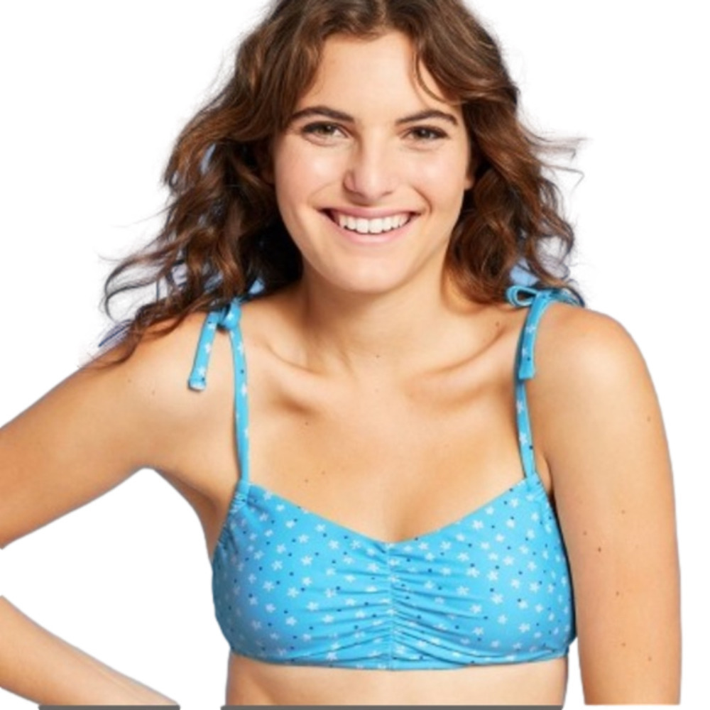 JUNIORS’ Shoulder Tie Bralette Bikini Top – Xhilaration Blue Floral Daisy Print